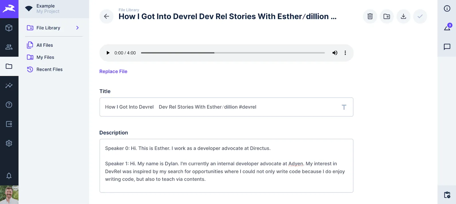 A flow with an event hook trigger and three operations: a condition, a request URL with a Deepgram URL, and update data.